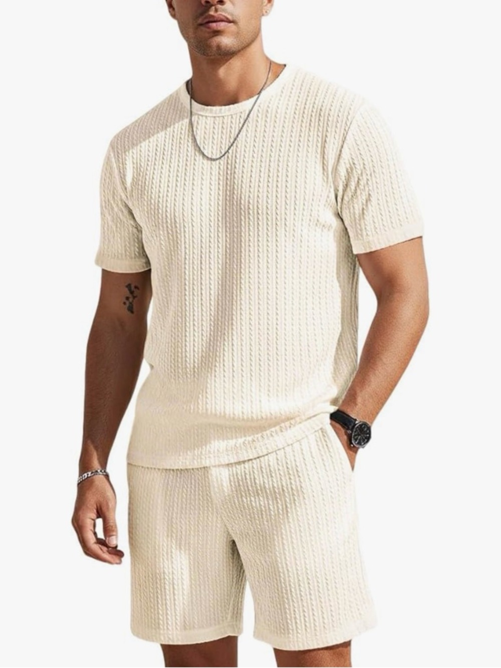 Men's Cream Short Sleeve Knit Shirt & Shorts Set
